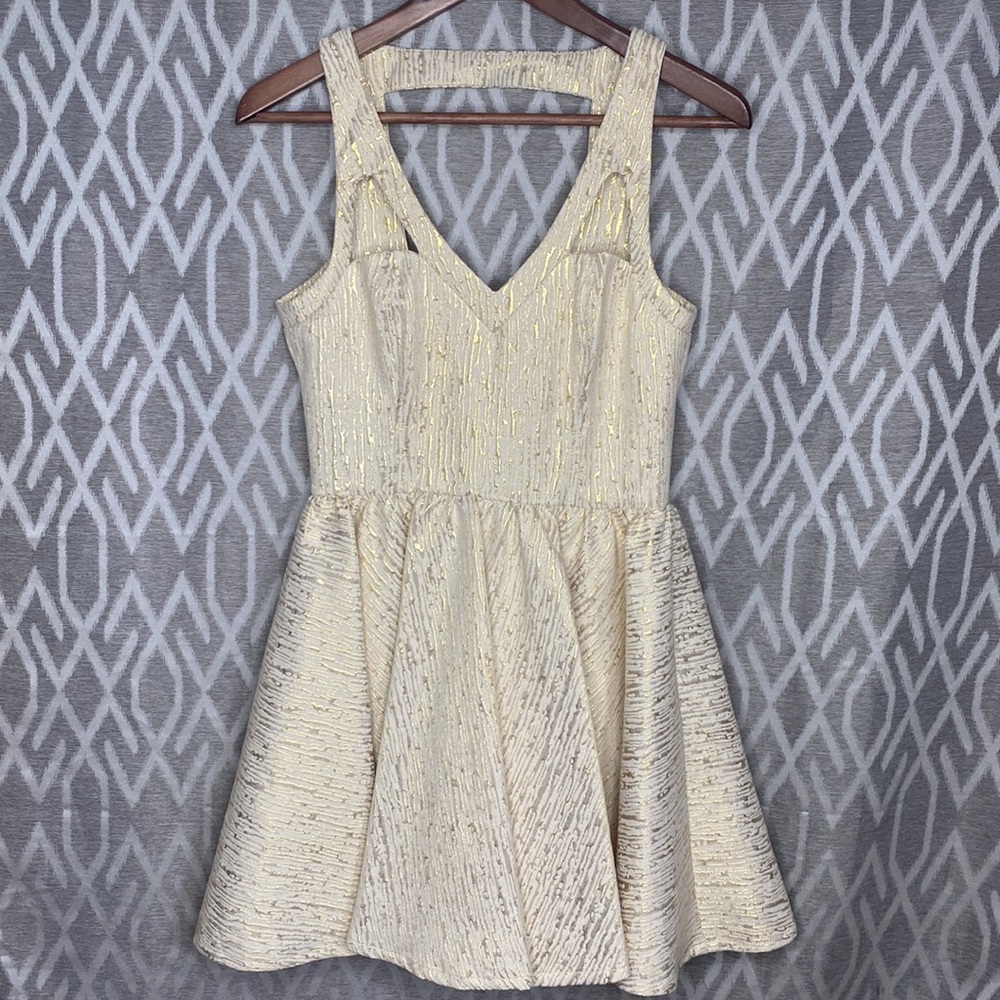 KEEPSAKE the Label Cream Fit-and-Flare Metallic A-Line Dress